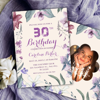 Elegant Purple Floral 30th Birthday Kaart
