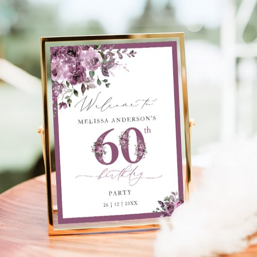 Elegant Purple Floral 60th Birthday Welcome Poster