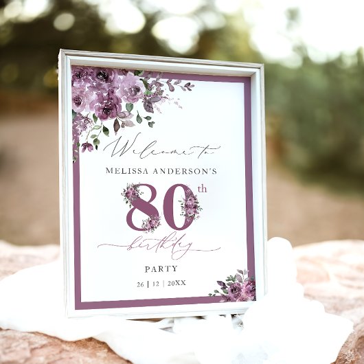 Elegant Purple Floral 80th Birthday Welcome Poster