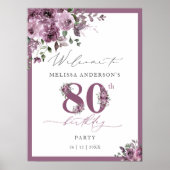 Elegant Purple Floral 80th Birthday Welcome Poster (Voorkant)