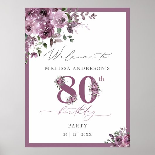 Elegant Purple Floral 80th Birthday Welcome Poster (Voorkant)