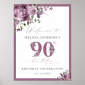 Elegant Purple Floral 90th Birthday Welcome Poster (Voorkant)
