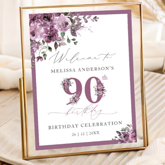 Elegant Purple Floral 90th Birthday Welcome Poster