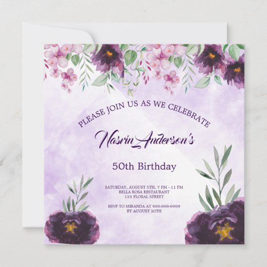 Elegant Purple Floral Birthday Invitation (Voorkant)