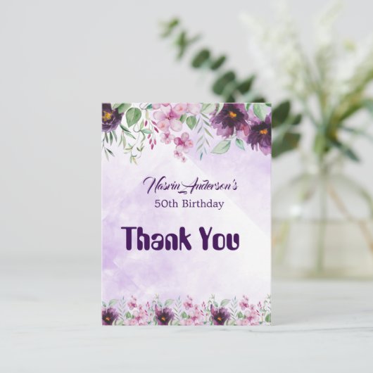 Elegant Purple Floral Birthday Invitation Briefkaart (Staand voorkant)