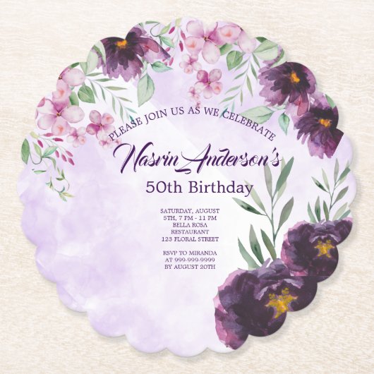 Elegant Purple Floral Birthday Invitation Kartonnen Onderzetters (Voorkant)