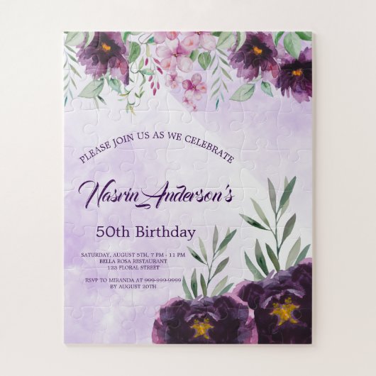 Elegant Purple Floral Birthday Invitation Legpuzzel (Verticaal)