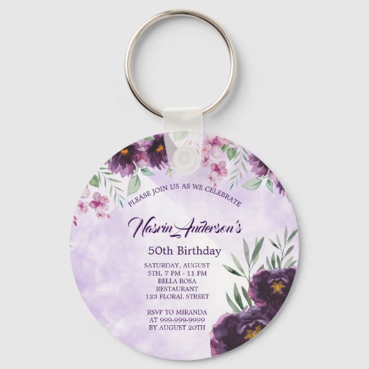 Elegant Purple Floral Birthday Invitation Sleutelhanger (Voorkant)