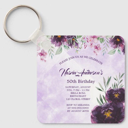Elegant Purple Floral Birthday Invitation Sleutelhanger (Voorkant)