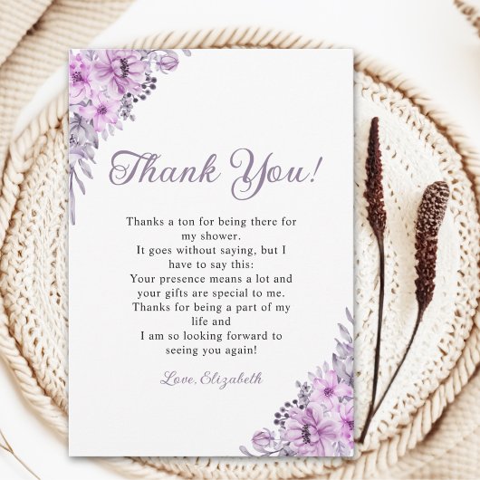 Elegant Purple Floral Bridal Shower  Bedankkaart