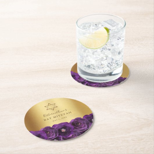 Elegant Purple Floral Gold Bat Mitzvah Ronde Kartonnen Onderzetter (Insitu)