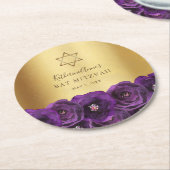Elegant Purple Floral Gold Bat Mitzvah Ronde Kartonnen Onderzetter (Gebogen)