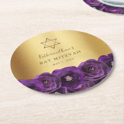 Elegant Purple Floral Gold Bat Mitzvah Ronde Kartonnen Onderzetter (Gebogen)