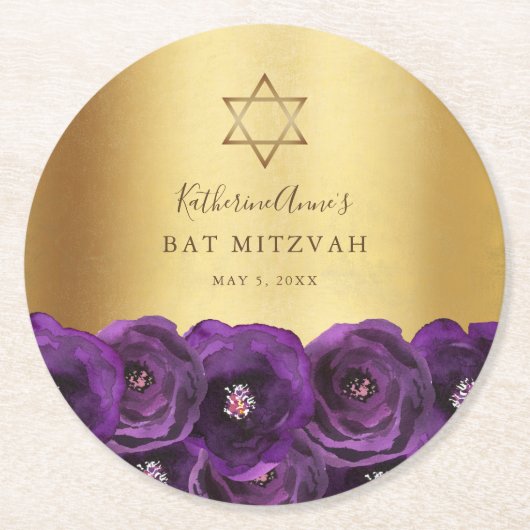 Elegant Purple Floral Gold Bat Mitzvah Ronde Kartonnen Onderzetter (Voorkant)