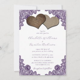 Elegant Purple Floral Lace Burlap Hearts Wedding Kaart