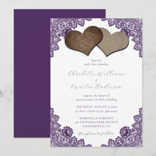 Elegant Purple Floral Lace Burlap Hearts Wedding Kaart (Voorkant / Achterkant)