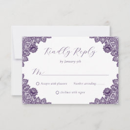 Elegant Purple Floral Lace Burlap Hearts Wedding RSVP Kaartje