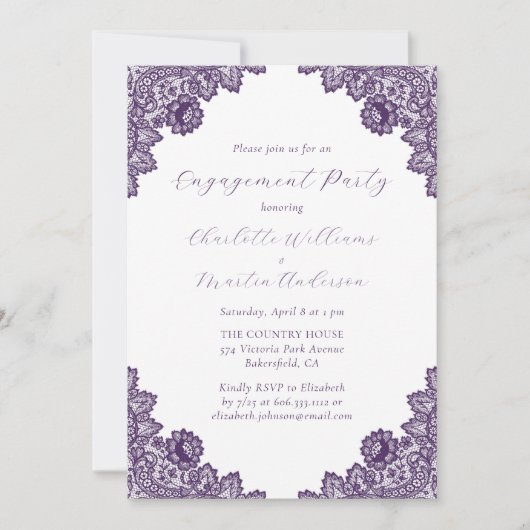 Elegant Purple Floral Lace Rustic Engagement Party Kaart (Voorkant)