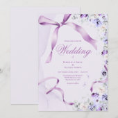 Elegant Purple Floral Ribbons Wedding Invitation Kaart (Voorkant / Achterkant)