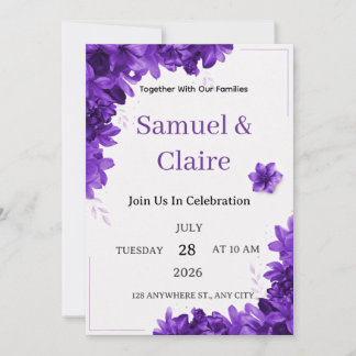 Elegant Purple Floral Wedding Invitation Kaart