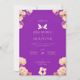 Elegant Purple Floral Wedding Invitation with Dove Kaart