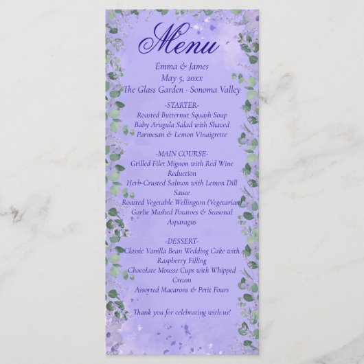 Elegant Purple Floral Wedding Menu Card (Voorkant)