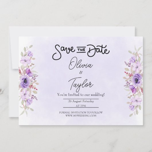 Elegant Purple Floral Wedding Save the Date Kaart (Voorkant)