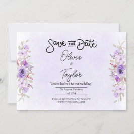 Elegant Purple Floral Wedding Save the Date Kaart
