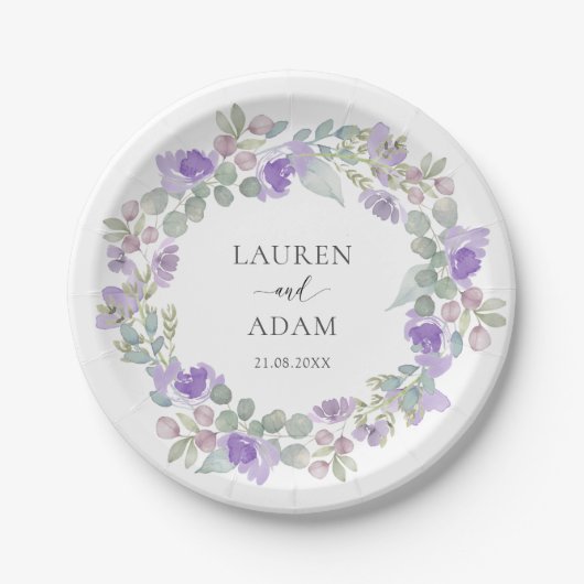 Elegant Purple Floral Wreath Wedding Papieren Bordje (Voorkant)
