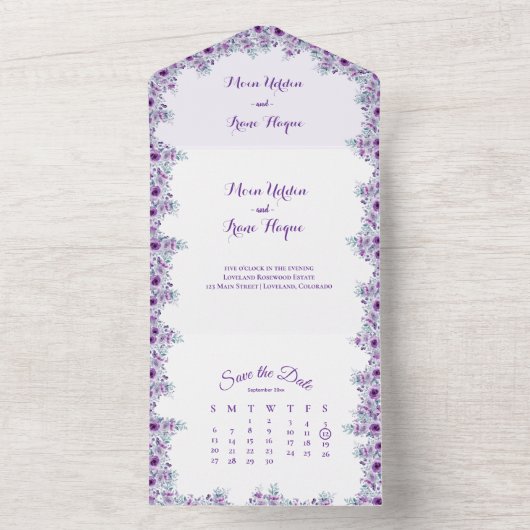 Elegant purple flower  all in one uitnodiging (Binnen)