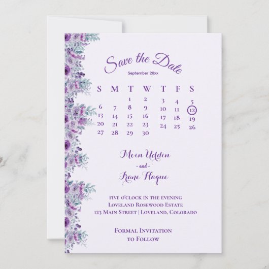 Elegant purple flower save the date (Voorkant)
