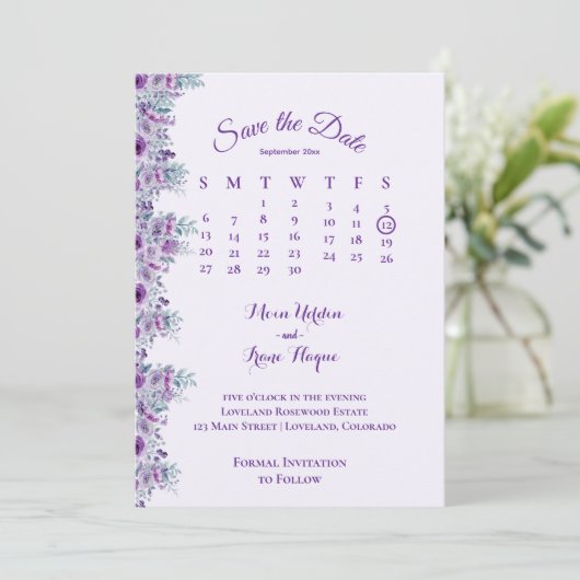 Elegant purple flower save the date (Staand voorkant)