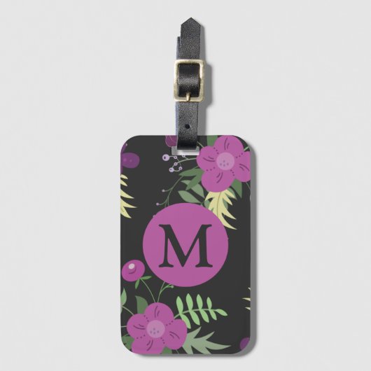 Elegant Purple Flowers Art over zwart monogram Bagagelabel (Voorkant (verticaal))