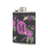 Elegant Purple Flowers Art over zwart monogram Heupfles (Links)