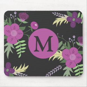 Elegant Purple Flowers Art over zwart monogram Muismat