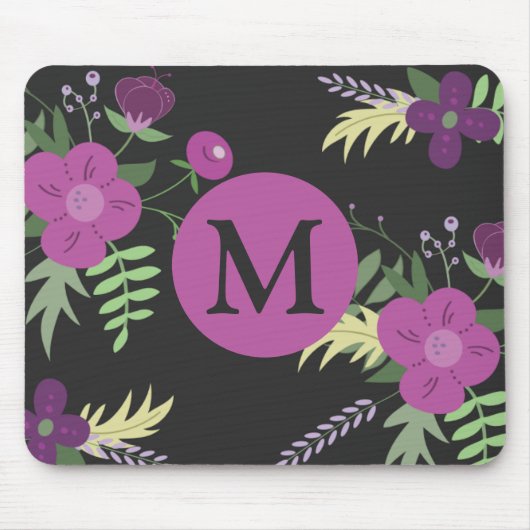 Elegant Purple Flowers Art over zwart monogram Muismat (Voorkant)