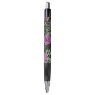 Elegant Purple Flowers Art over zwart monogram Pen
