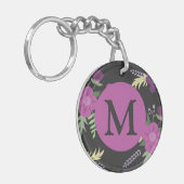 Elegant Purple Flowers Art over zwart monogram Sleutelhanger (Voorkant Links)
