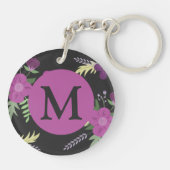 Elegant Purple Flowers Art over zwart monogram Sleutelhanger (Achterkant)