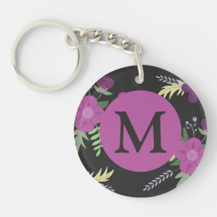 Elegant Purple Flowers Art over zwart monogram Sleutelhanger