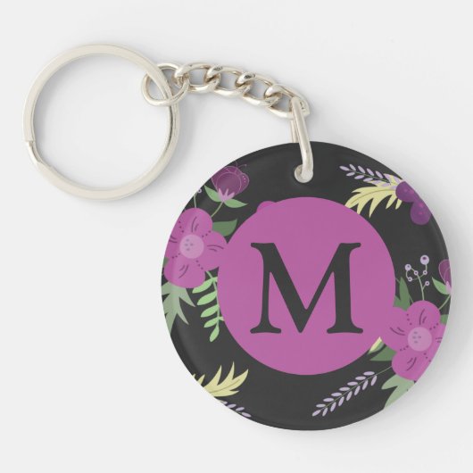 Elegant Purple Flowers Art over zwart monogram Sleutelhanger (Voorkant)
