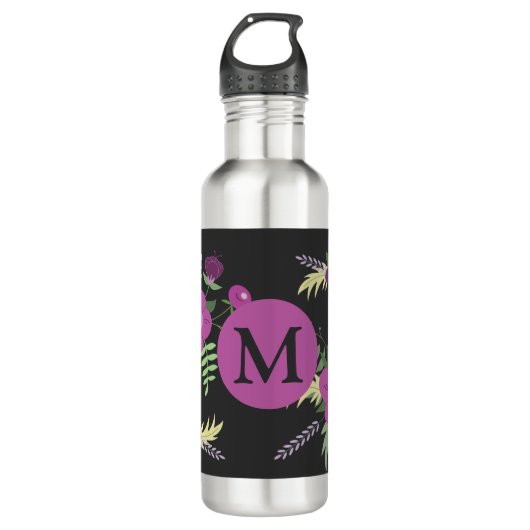 Elegant Purple Flowers Art over zwart monogram Waterfles (Voorkant)