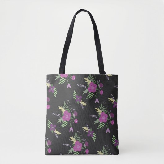 Elegant Purple Flowers Art over zwart Tote Bag (Voorkant)