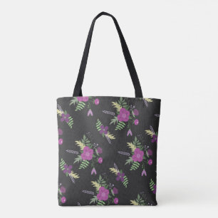 Elegant Purple Flowers Art over zwart Tote Bag