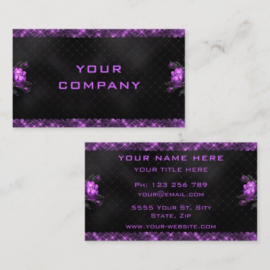 Elegant Purple Flowers Glitter Black Visitekaartje (Voorkant / Achterkant)