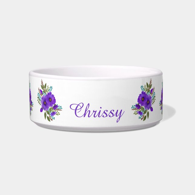 Elegant Purple Flowers Personalized Pet Voerbakje (Voorkant)