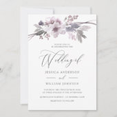 Elegant Purple Flowers Winter Gray Wedding Kaart (Voorkant)