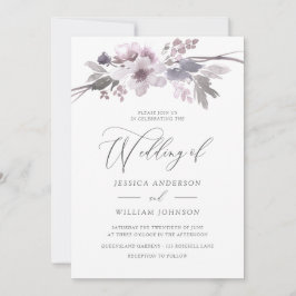 Elegant Purple Flowers Winter Gray Wedding Kaart
