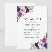 Elegant Purple Flowers Winter Wedding Save The Date (Voorkant / Achterkant)