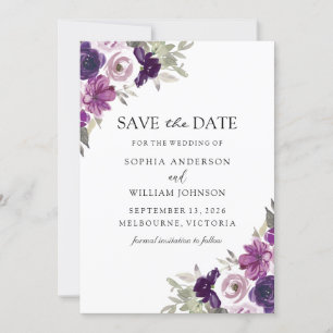 Elegant Purple Flowers Winter Wedding Save The Date
